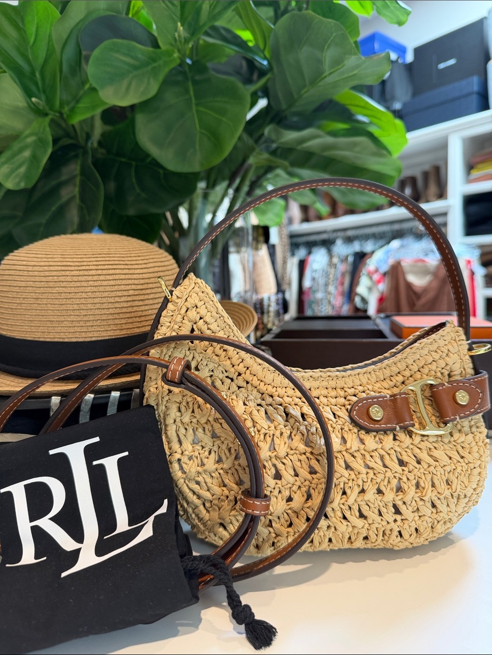 Lauren Ralph Lauren mini woven Straw Bag with Brown Leather Trim - Picture 2 of 10